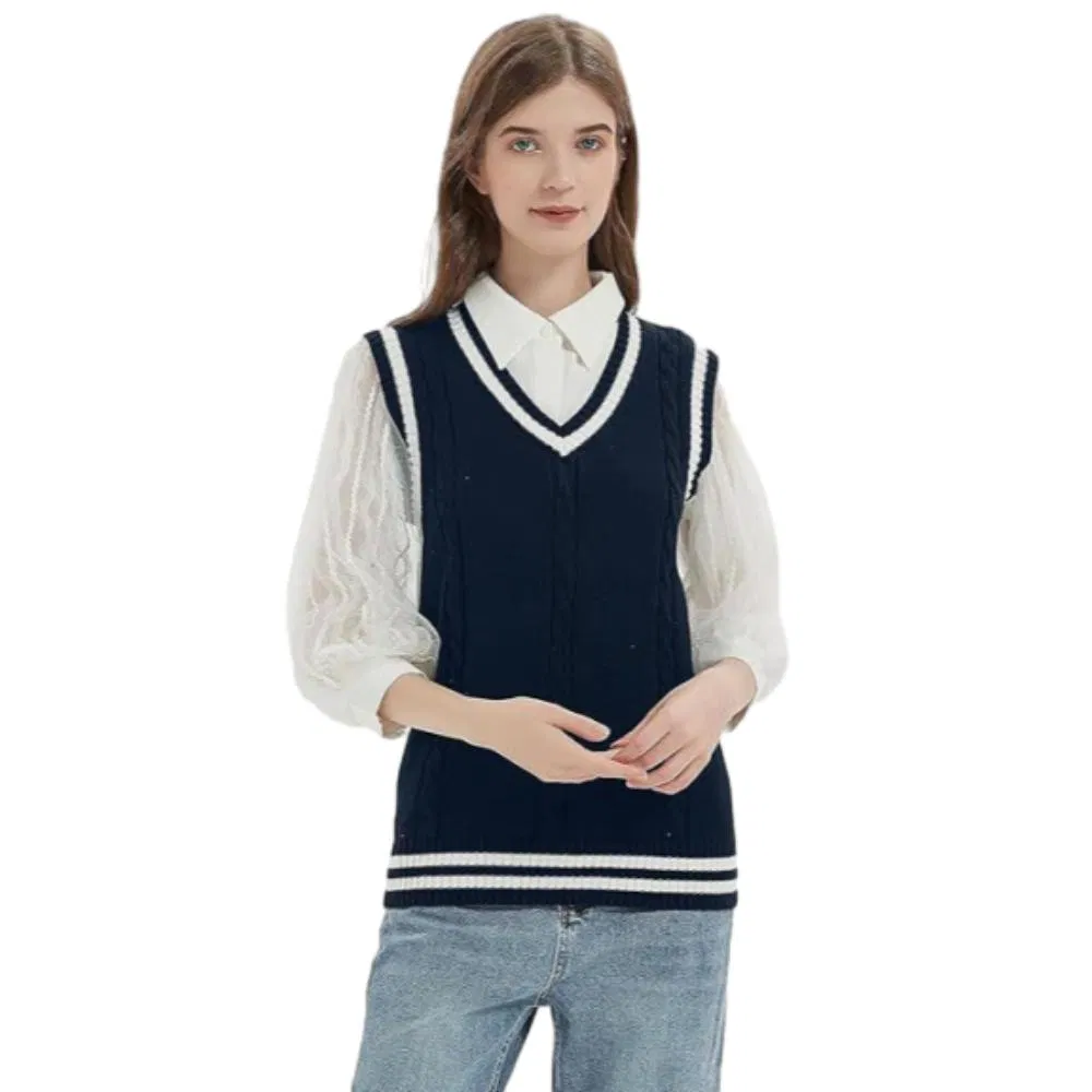 Chaleco de Suéter de Punto sin mangas con cuello en V para Mujer de Oficina Minimalista Directo de Fábrica de venta caliente