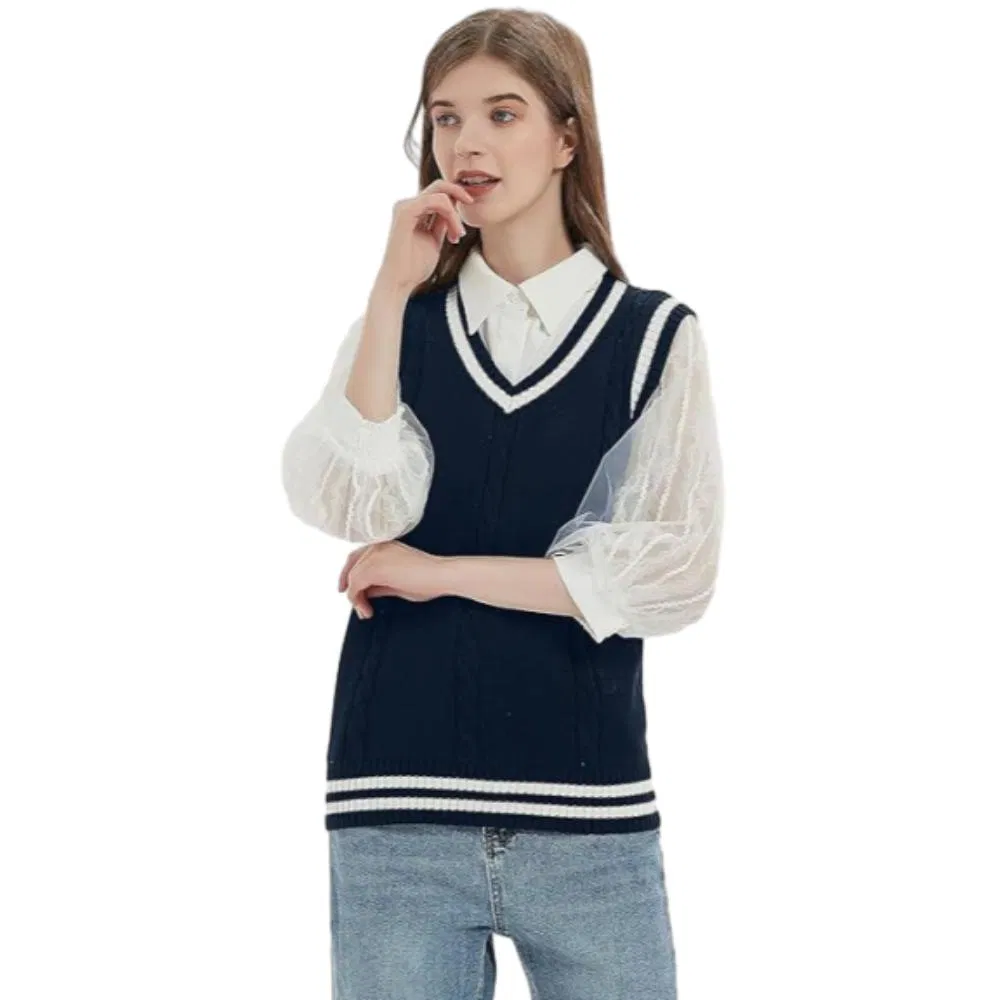 Chaleco de Suéter de Punto sin mangas con cuello en V para Mujer de Oficina Minimalista Directo de Fábrica de venta caliente