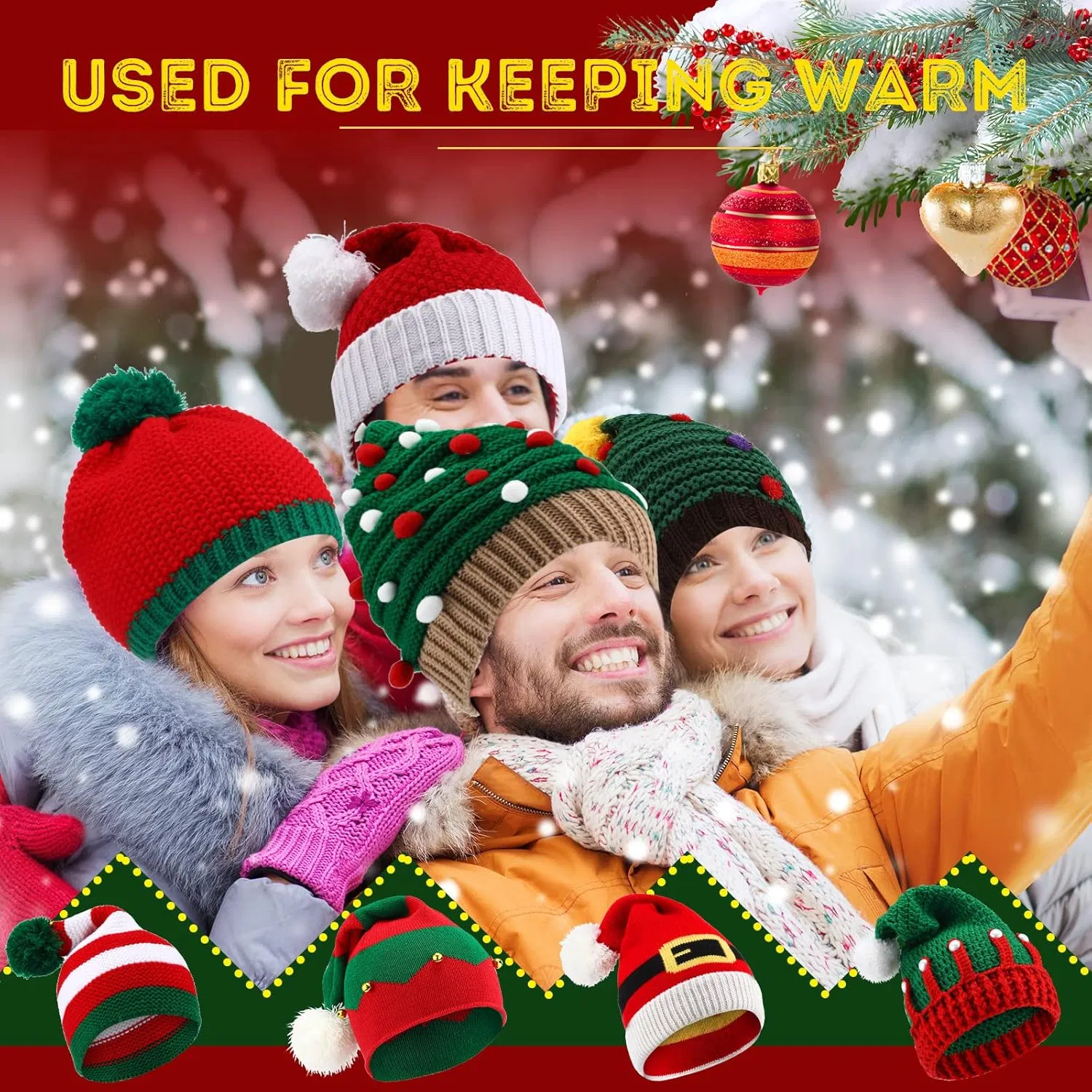 Gorros de Papá Noel de Ganchillo de Punto de Invierno, Gorros de Navidad para Adultos, Gorro de Elfo con POMPONES, Fiesta de Navidad Divertida, Año Nuevo, Vacaciones, Accesorios de Navidad, Gorros de Decoración