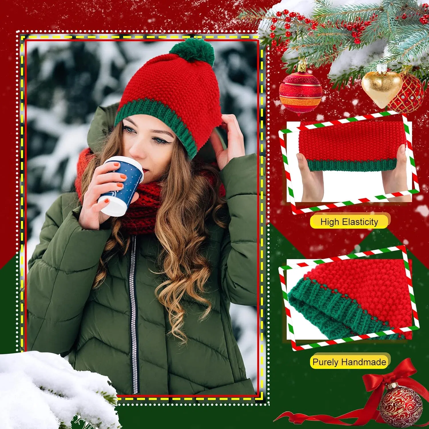 Gorros de Papá Noel de Ganchillo de Punto de Invierno, Gorros de Navidad para Adultos, Gorro de Elfo con POMPONES, Fiesta de Navidad Divertida, Año Nuevo, Vacaciones, Accesorios de Navidad, Gorros de Decoración