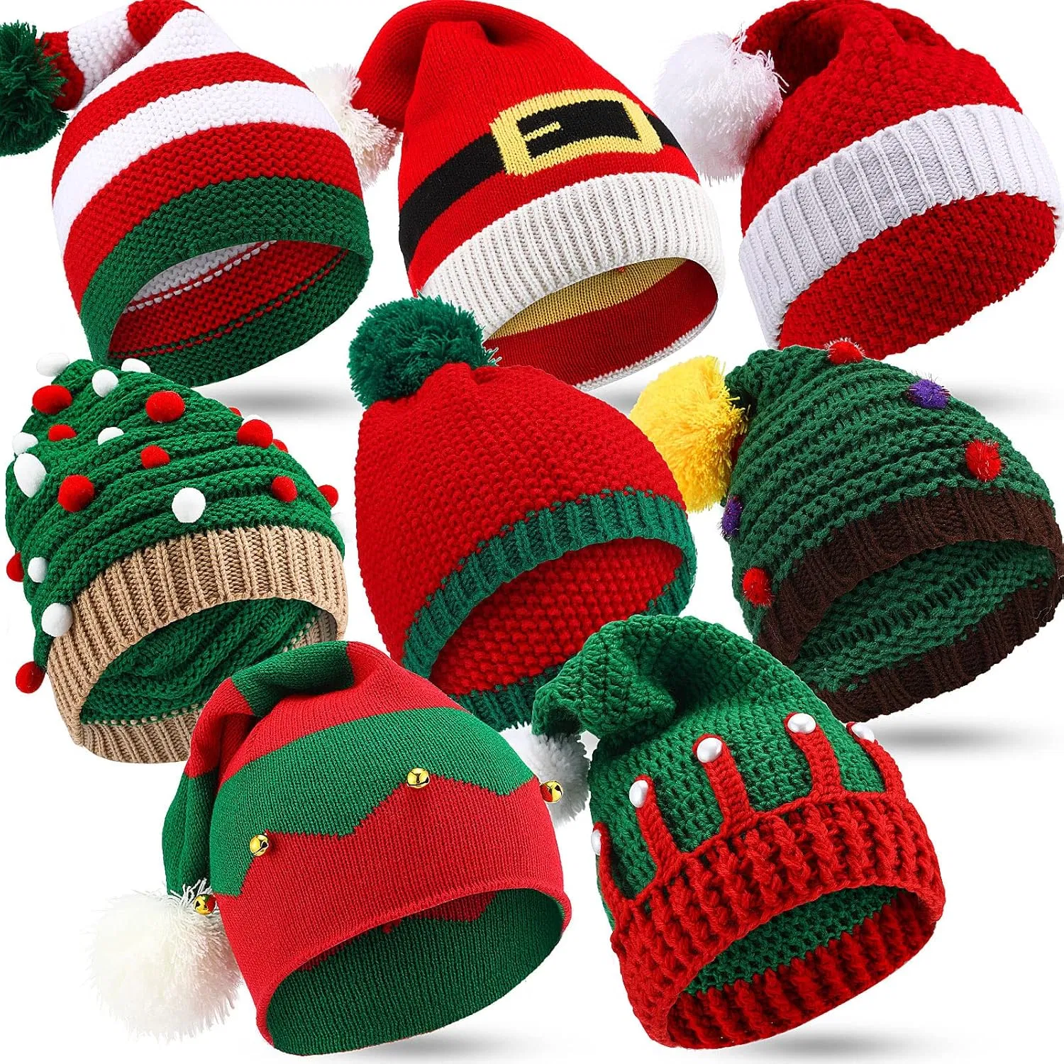 Gorros de Papá Noel de Ganchillo de Punto de Invierno, Gorros de Navidad para Adultos, Gorro de Elfo con POMPONES, Fiesta de Navidad Divertida, Año Nuevo, Vacaciones, Accesorios de Navidad, Gorros de Decoración