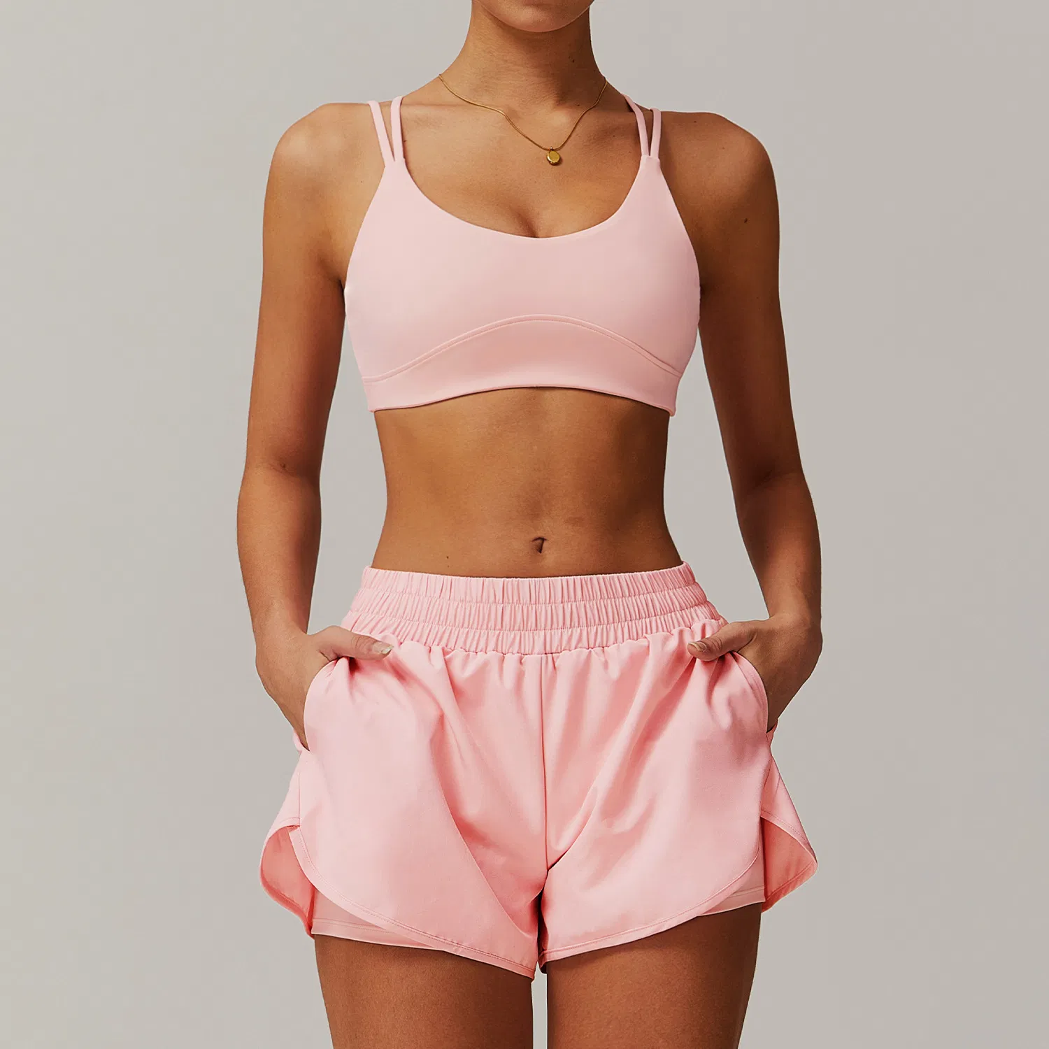 Sujetador Deportivo de Realce Cruzado para Entrenamiento de Secado Rápido, Levantamiento de Cadera, Correr, Ciclismo, Fitness, Pantalones Cortos de Moda con Bolsillos, 2 Piezas, Gimnasio, Mujer, Entrenamiento, Ropa de Yoga