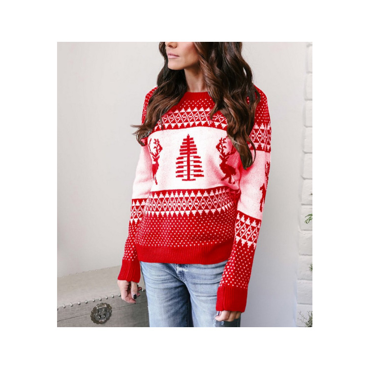 Suéter Casual para Mujer, Jersey de Invierno, Tops de Punto, Patrón de Ciervo, Jersey de Navidad, Suéteres de Manga Larga con Cuello Redondo, Ropa de Calle