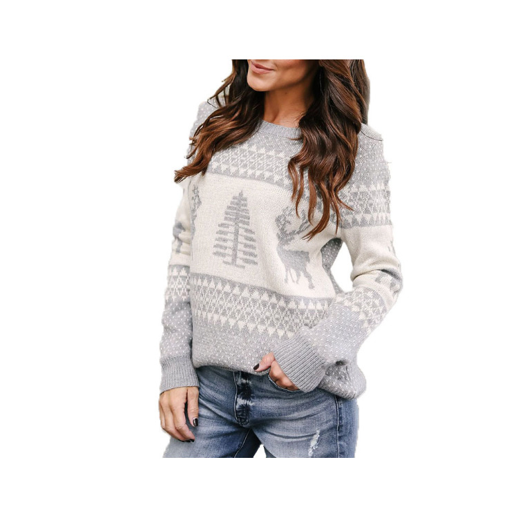 Suéter Casual para Mujer, Jersey de Invierno, Tops de Punto, Patrón de Ciervo, Jersey de Navidad, Suéteres de Manga Larga con Cuello Redondo, Ropa de Calle