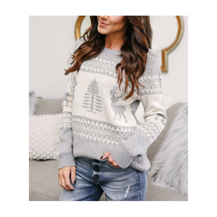 Suéter Casual para Mujer, Jersey de Invierno, Tops de Punto, Patrón de Ciervo, Jersey de Navidad, Suéteres de Manga Larga con Cuello Redondo, Ropa de Calle