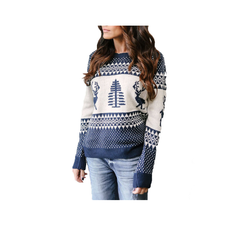 Suéter Casual para Mujer, Jersey de Invierno, Tops de Punto, Patrón de Ciervo, Jersey de Navidad, Suéteres de Manga Larga con Cuello Redondo, Ropa de Calle