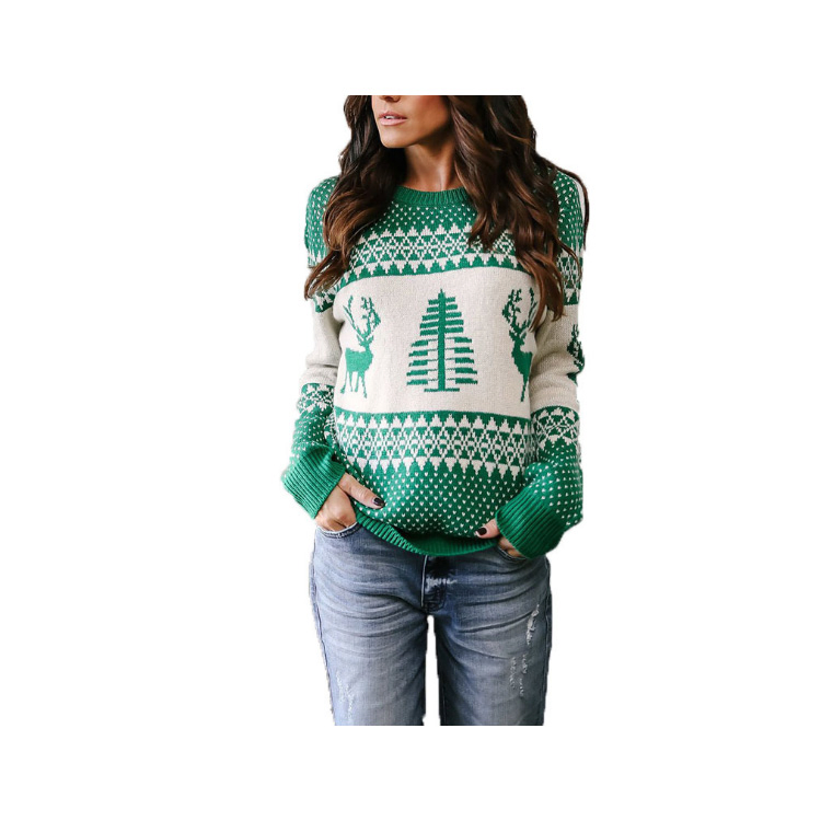 Suéter Casual para Mujer, Jersey de Invierno, Tops de Punto, Patrón de Ciervo, Jersey de Navidad, Suéteres de Manga Larga con Cuello Redondo, Ropa de Calle