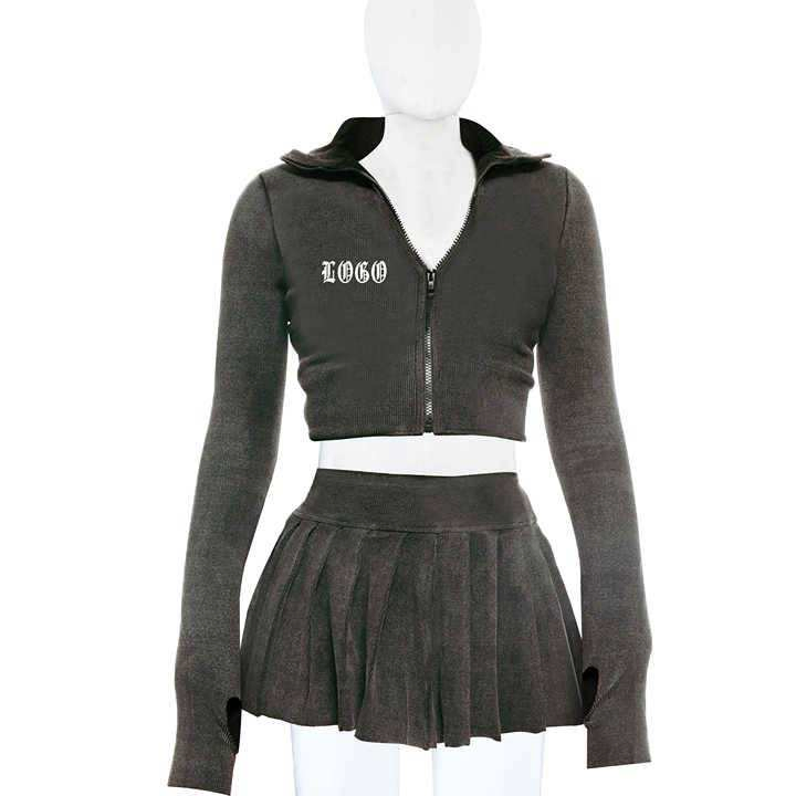 Chaqueta de Mujer Falda Plisada De Algodón de Punto de Cuello Alto Cárdigan Corto con Cremallera Bordado Conjunto de Dos Piezas de Cintura Alta para Mujer
