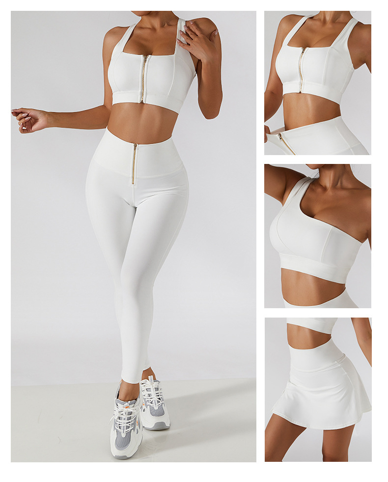 Conjunto de 4 PIEZAS Sujetador Sexy con Cremallera y hombros descubiertos Mini Tenis Golf Yoga Ropa Deportiva Faldas Pantalones Cortos de Motociclista Traje de Leggings de Compresión