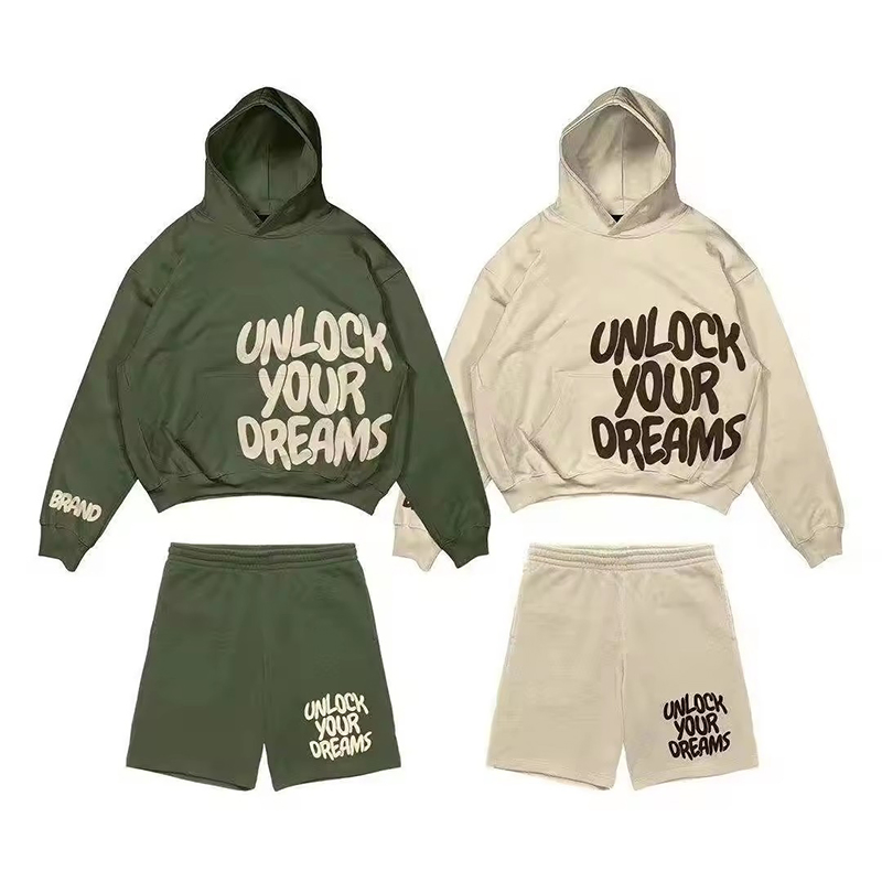 Sudadera con Capucha y Pantalones Cortos Recortados con Capucha y Pantalones Cortos con Estampado de Puff de Logotipos del Fabricante de Algodón 100% Personalizado Chándal de Calle