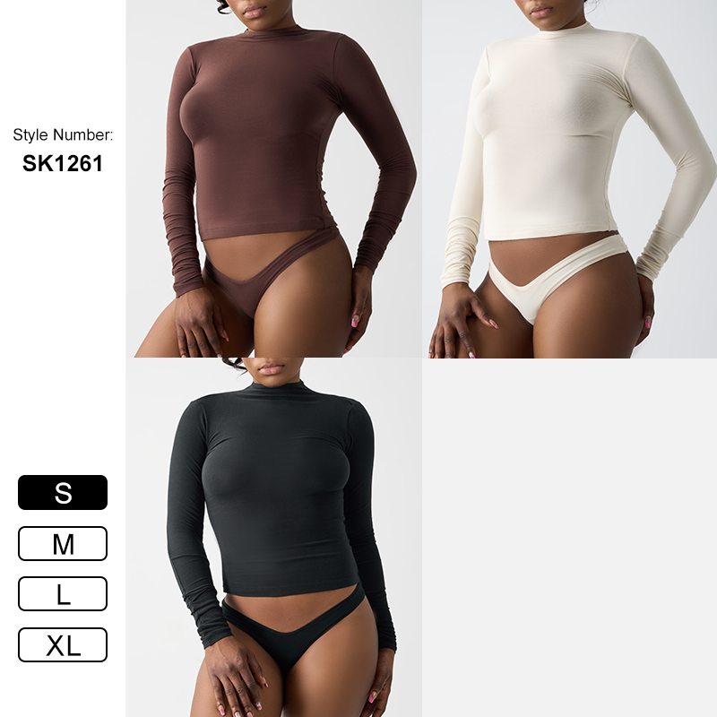 Sk1261 Camiseta Simulada de Algodón para Mujer & prime;s Camiseta de Manga Larga con Cuello Semi Alto y Base para Ejercicios de Yoga en Casa.