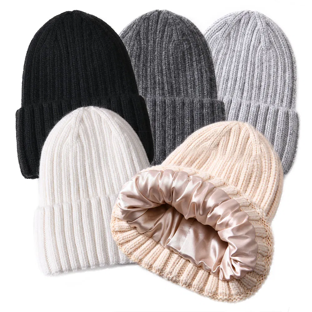 Gorro Forrado de Seda de Nuevo Diseño, Gorro de Dormir con Logotipo Personalizado, Sombreros de Invierno, Gorro De Punto Forrado De Satén Unisex En Blanco Al por Mayor