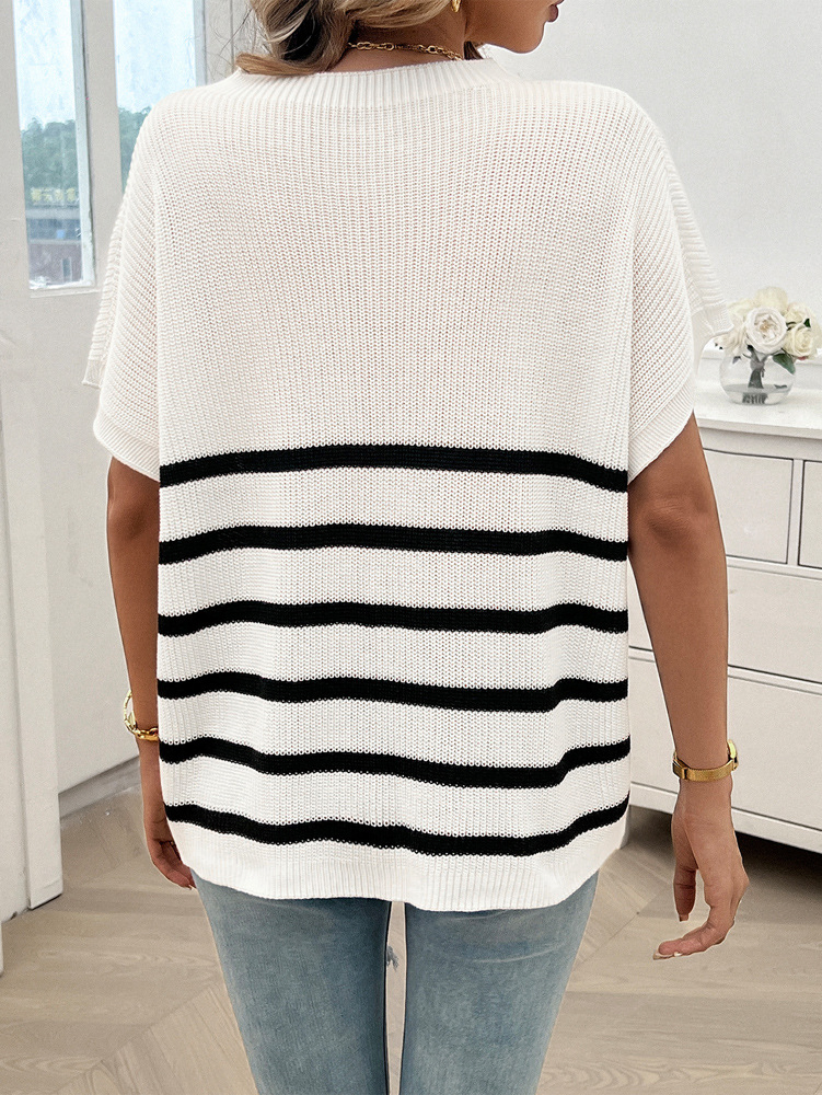 Blusa de Suéter de Manga Corta de Color a Rayas con Cuello redondo de Four Seasons para Mujer y prime