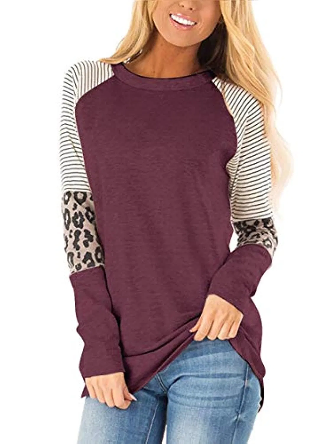 Túnica de Bloque de Color con Estampado de Leopardo para Mujer Camisas de Manga Larga con Cuello Redondo Blusas Casuales a Rayas Tops