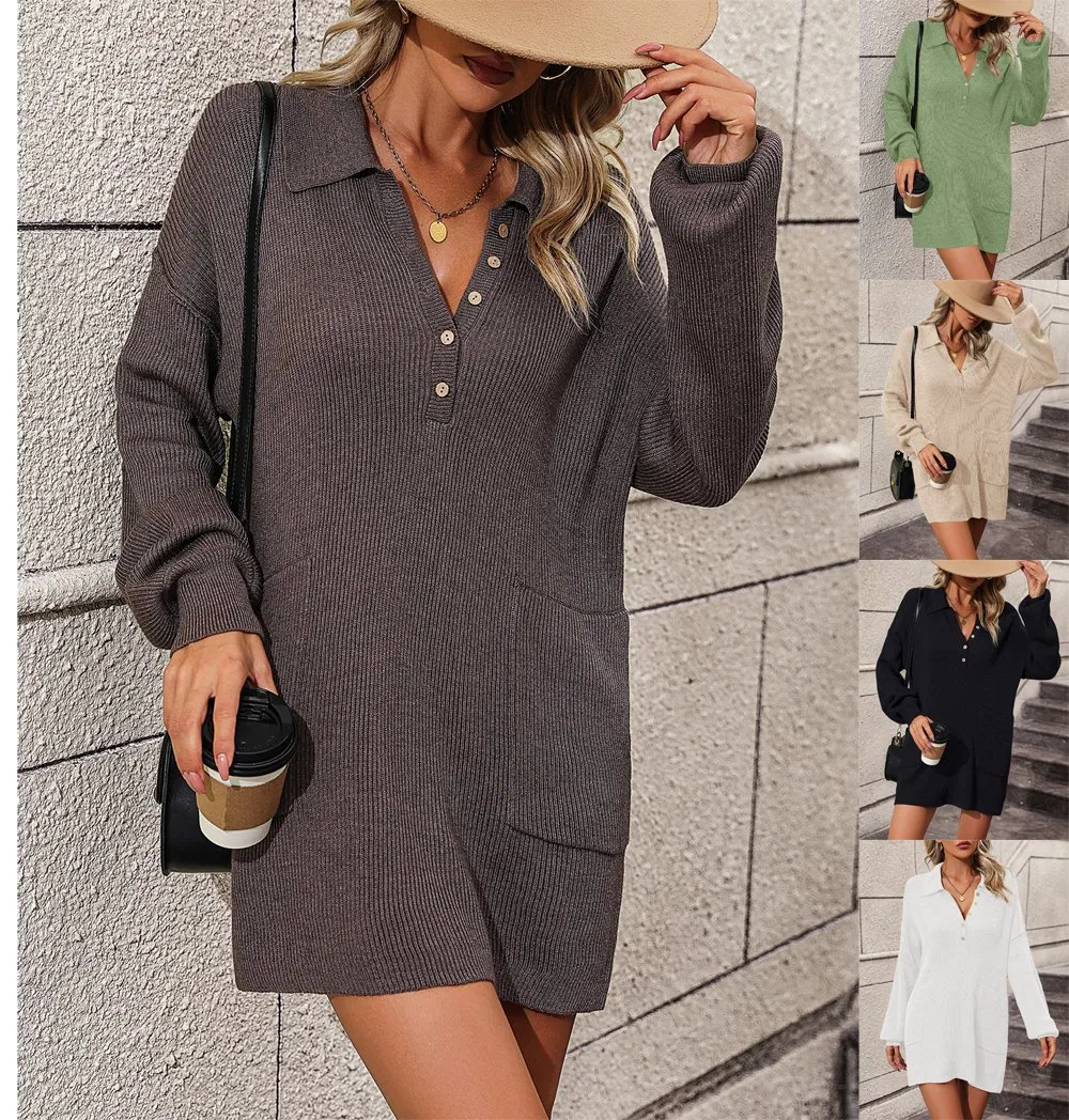 Suéter con botones de Solapa de Color Sólido para Mujer&prime;Suéter de abrigo largo Suéter de Mujer