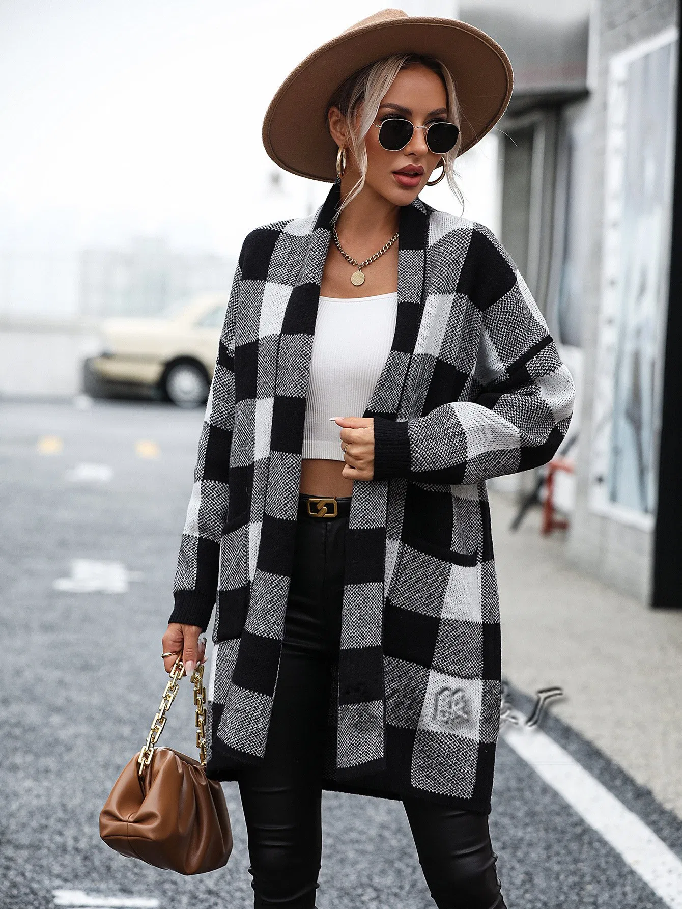 Nueva Chaqueta de Punto Holgada de Color a Cuadros para Mujer