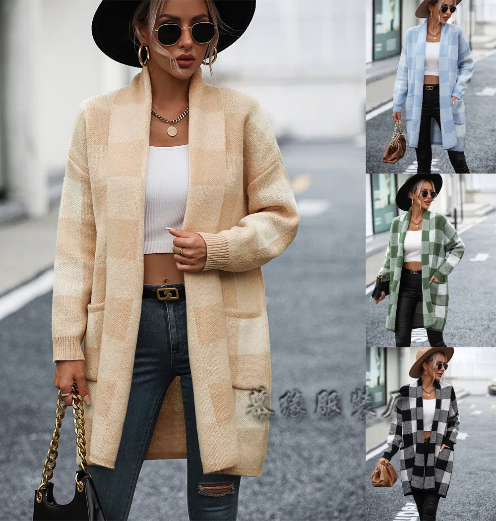 Nueva Chaqueta de Punto Holgada de Color a Cuadros para Mujer