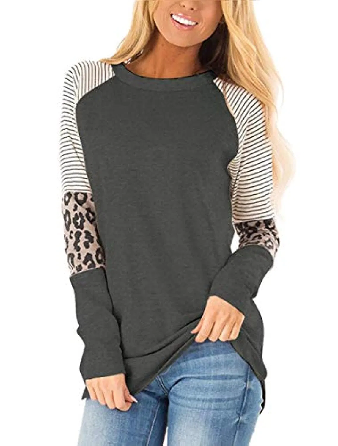 Túnica de Bloque de Color con Estampado de Leopardo para Mujer Camisas de Manga Larga con Cuello Redondo Blusas Casuales a Rayas Tops