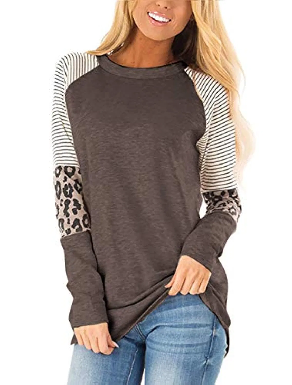 Túnica de Bloque de Color con Estampado de Leopardo para Mujer Camisas de Manga Larga con Cuello Redondo Blusas Casuales a Rayas Tops
