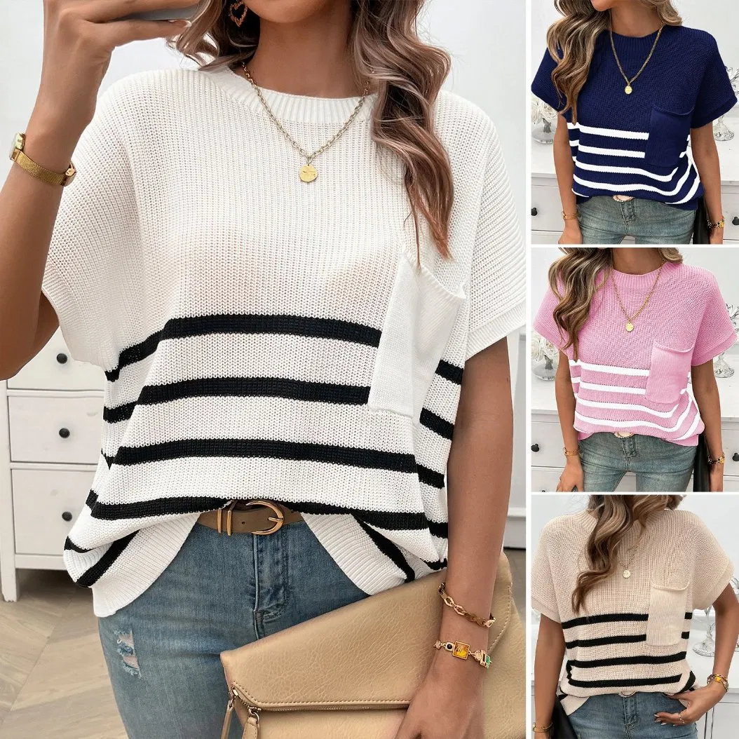 Blusa de Suéter de Manga Corta de Color a Rayas con Cuello redondo de Four Seasons para Mujer y prime