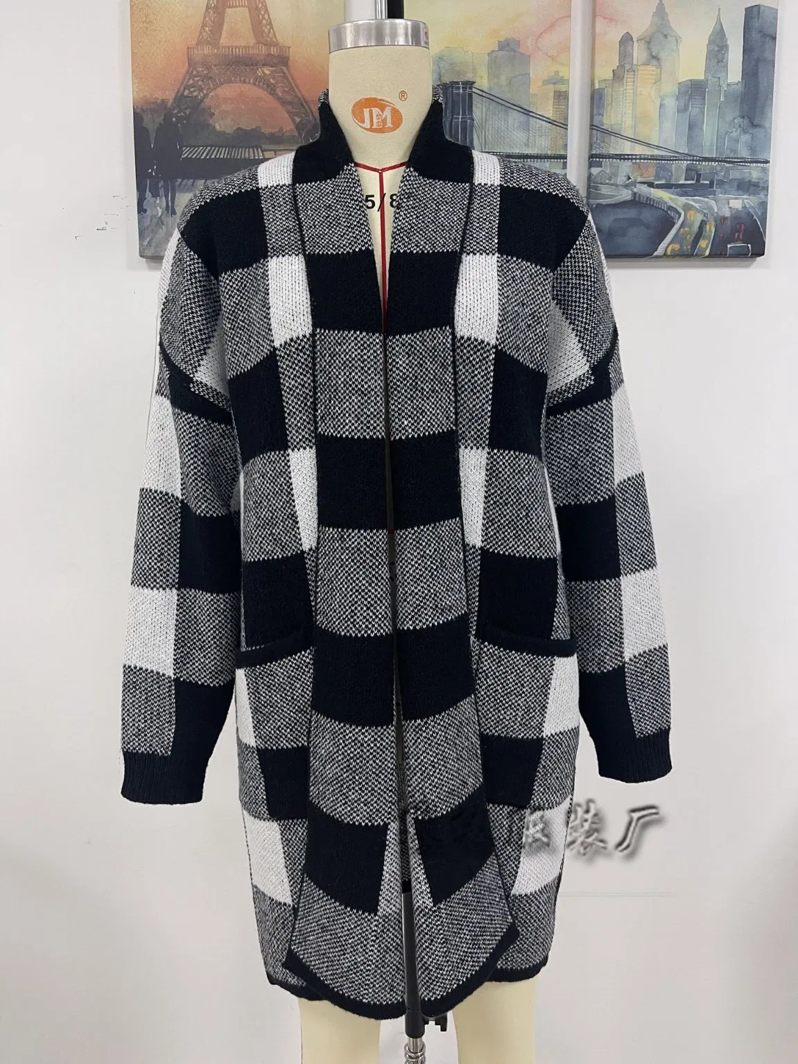 Nueva Chaqueta de Punto Holgada de Color a Cuadros para Mujer