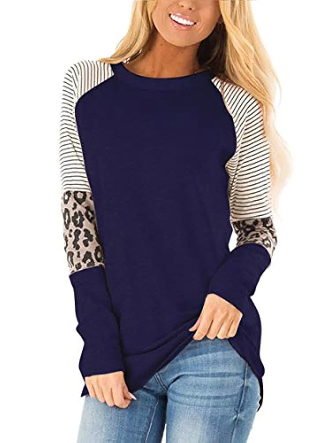 Túnica de Bloque de Color con Estampado de Leopardo para Mujer Camisas de Manga Larga con Cuello Redondo Blusas Casuales a Rayas Tops