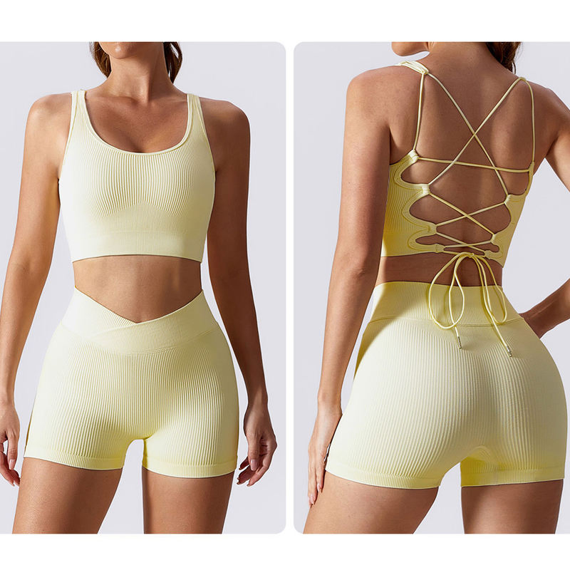 2025 Conjunto de Yoga Sin Costuras Acanalado para Mujer Sujetador Deportivo de Entrenamiento de 2 Piezas con Pantalones Cortos de Cintura Alta Traje de Legging Chándal