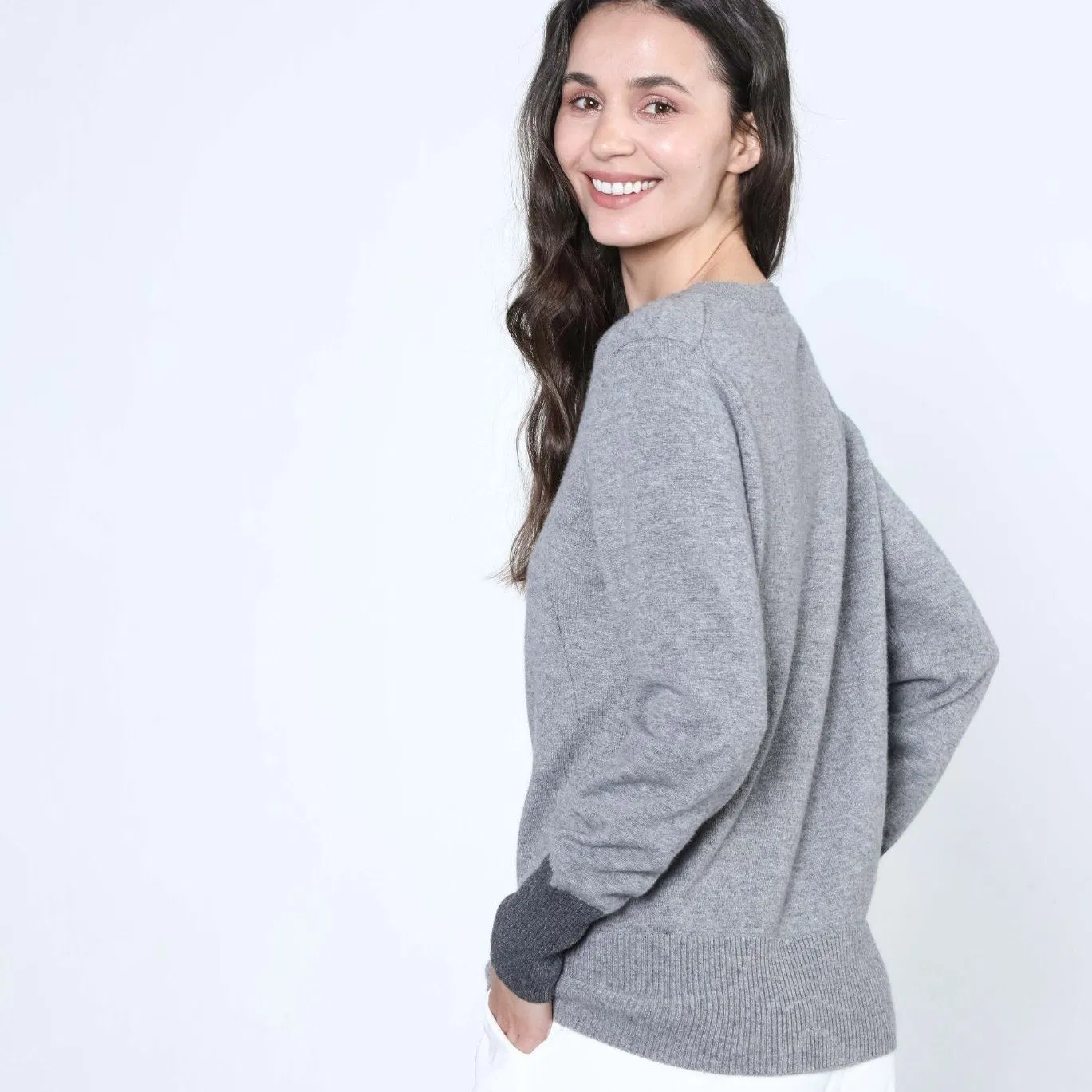 Suéter de cachemira con Cuello Redondo Clásico de Dos Tonos a la Moda para Mujer