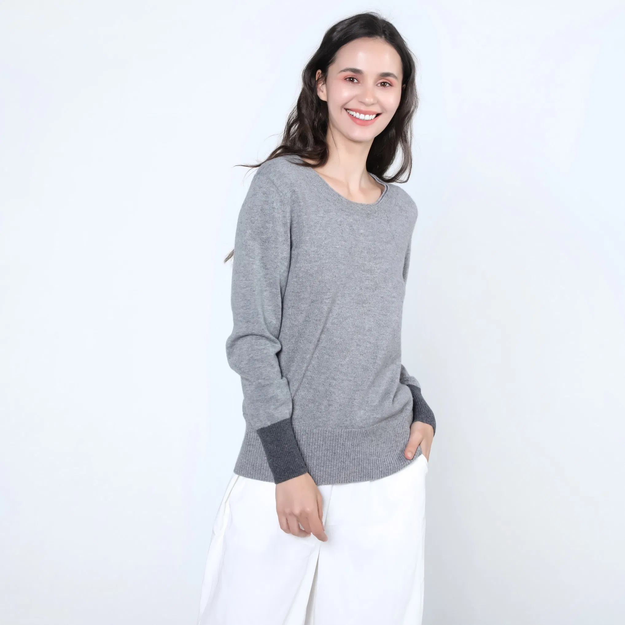 Suéter de cachemira con Cuello Redondo Clásico de Dos Tonos a la Moda para Mujer
