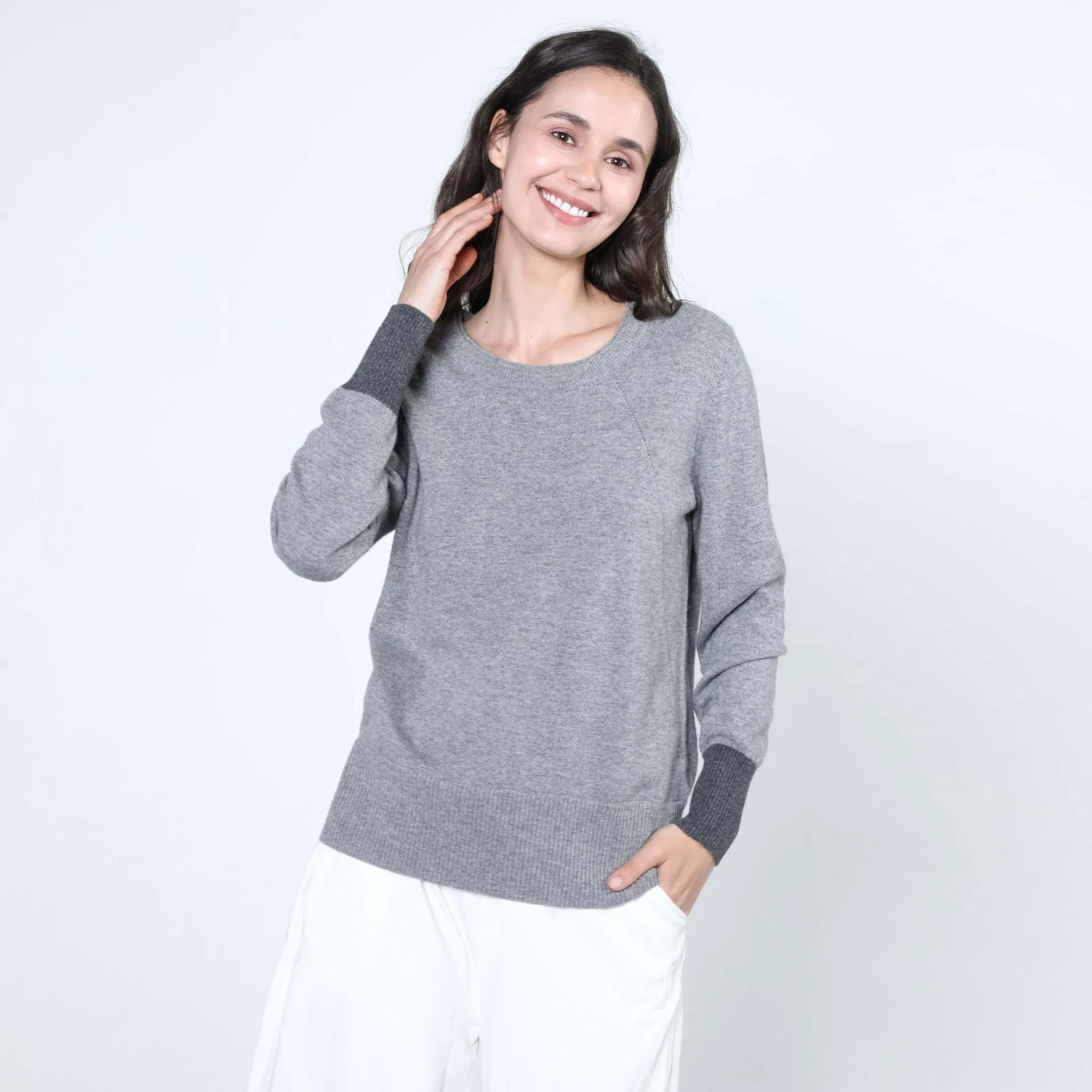 Suéter de cachemira con Cuello Redondo Clásico de Dos Tonos a la Moda para Mujer