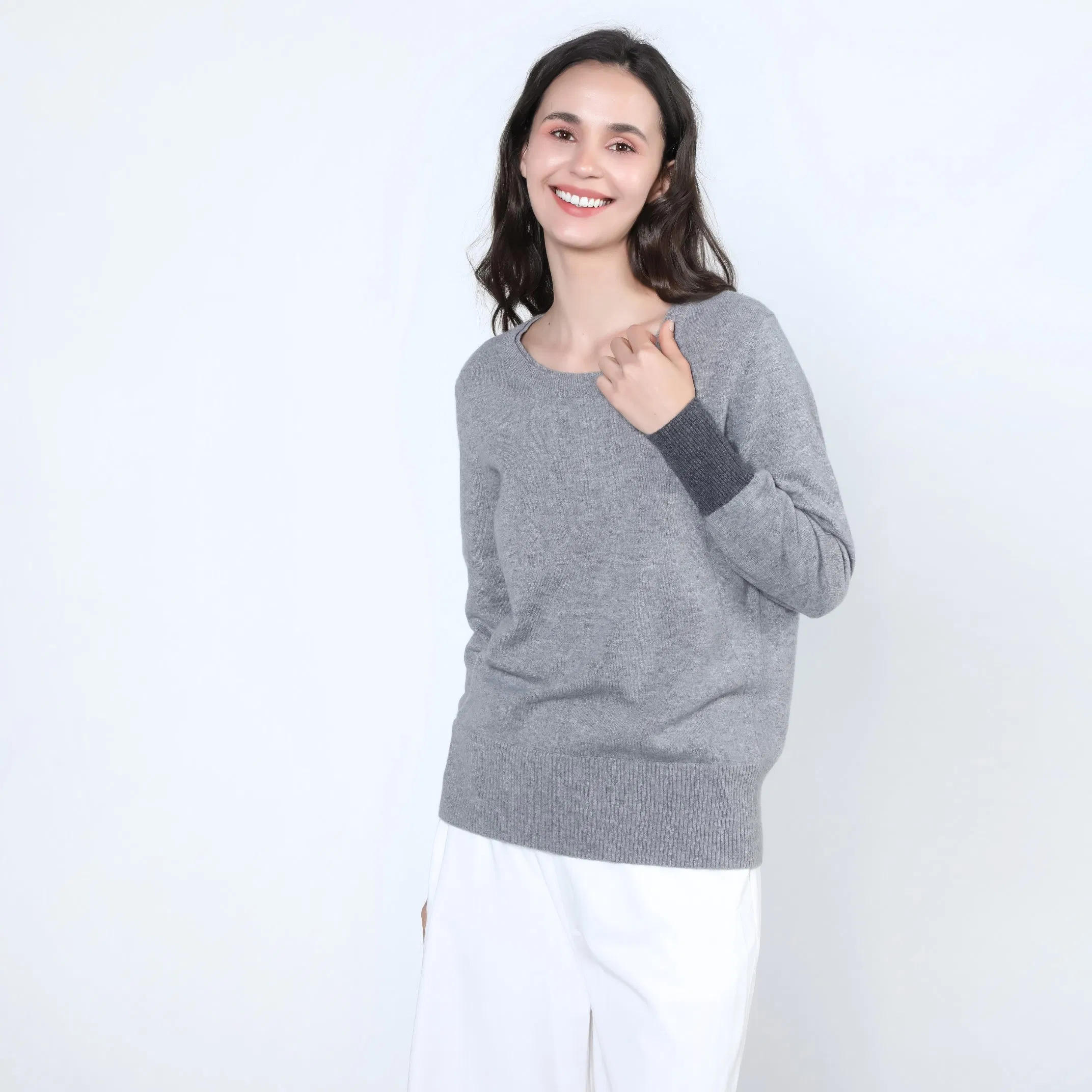 Suéter de cachemira con Cuello Redondo Clásico de Dos Tonos a la Moda para Mujer