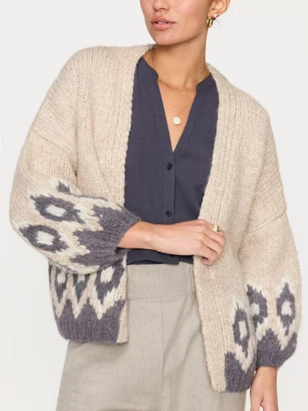 Cárdigan de punto de ganchillo de moda para mujer y primer suéter de punto con diseño Jacquard