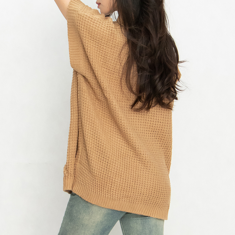 Suéter de Punto Ligero con Cuello Redondo y Logotipo Personalizado Para Mujer & amp;prime; s Jersey de Manga Corta con Alas de Murciélago y Cuello redondo