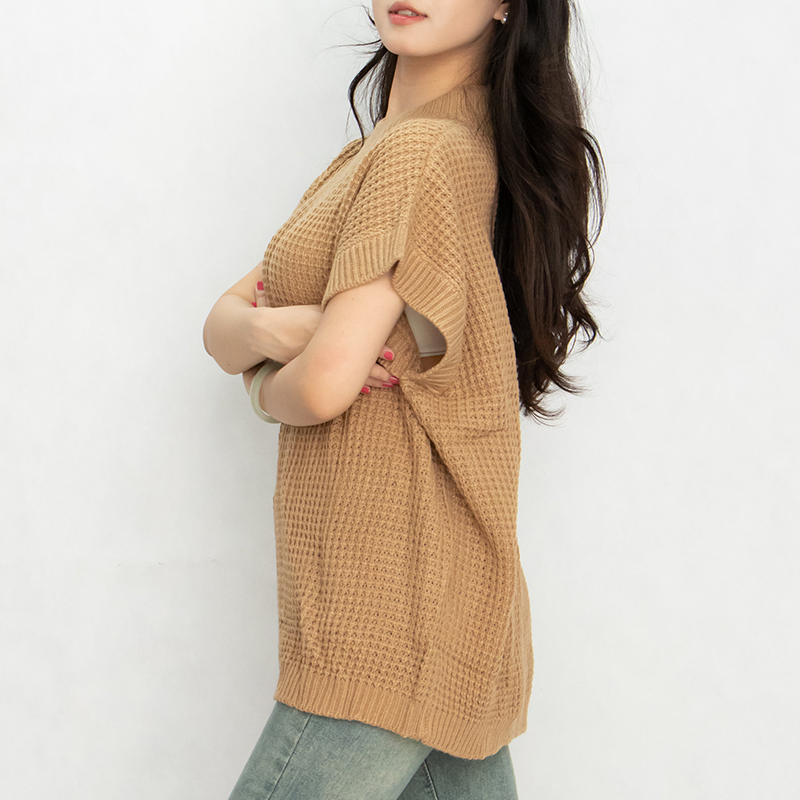 Suéter de Punto Ligero con Cuello Redondo y Logotipo Personalizado Para Mujer & amp;prime; s Jersey de Manga Corta con Alas de Murciélago y Cuello redondo
