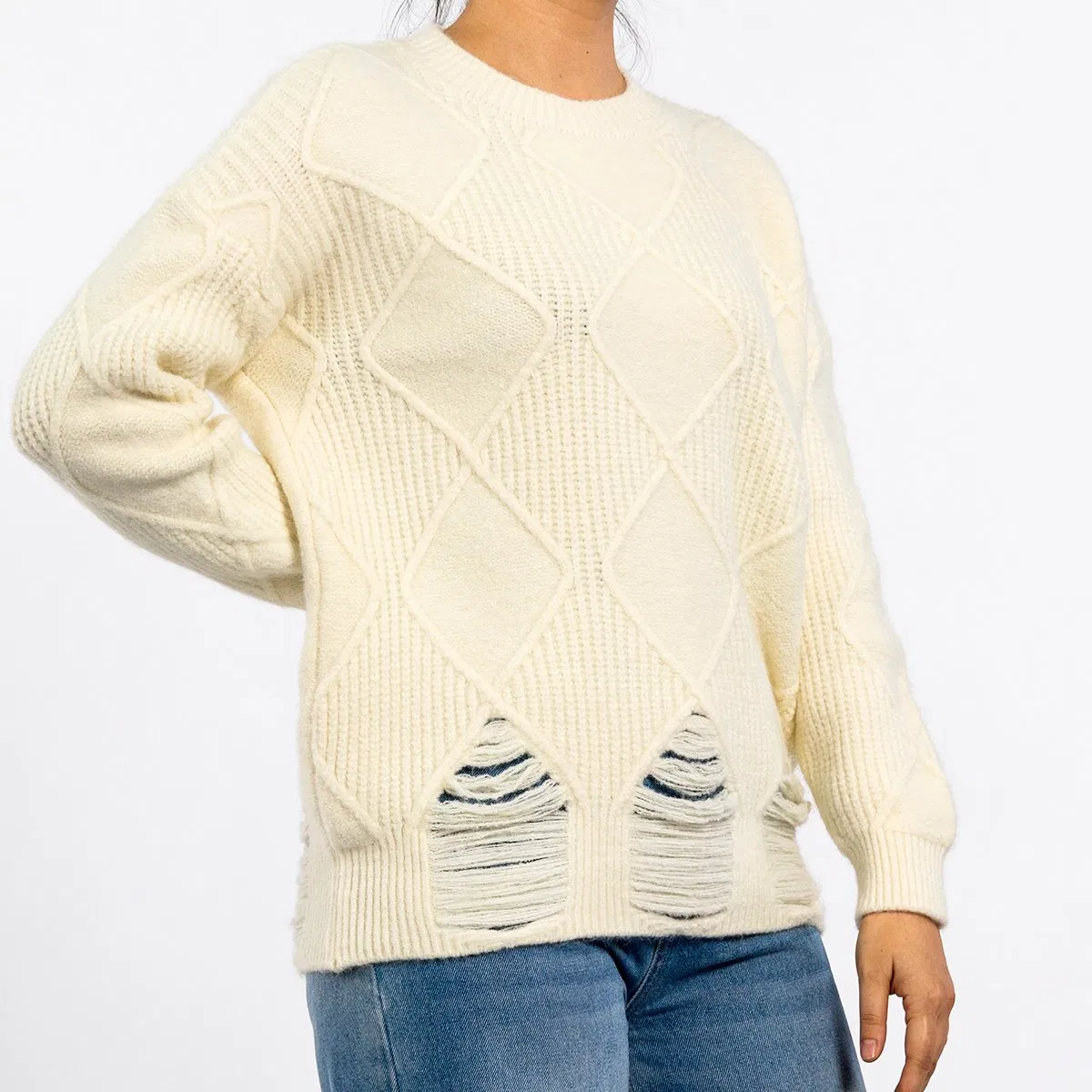 Jersey Beige con Textura Gráfica y Corte de Cuello Redondo
