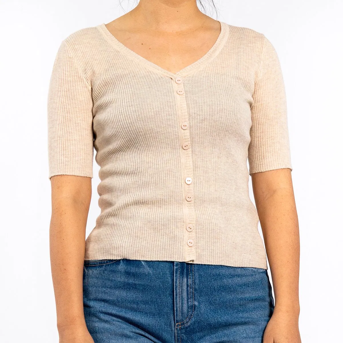 Camisas de Mujer de Verano Albaricoque con Jersey de Manga Corta a Rayas con Cuello en V y Rayas