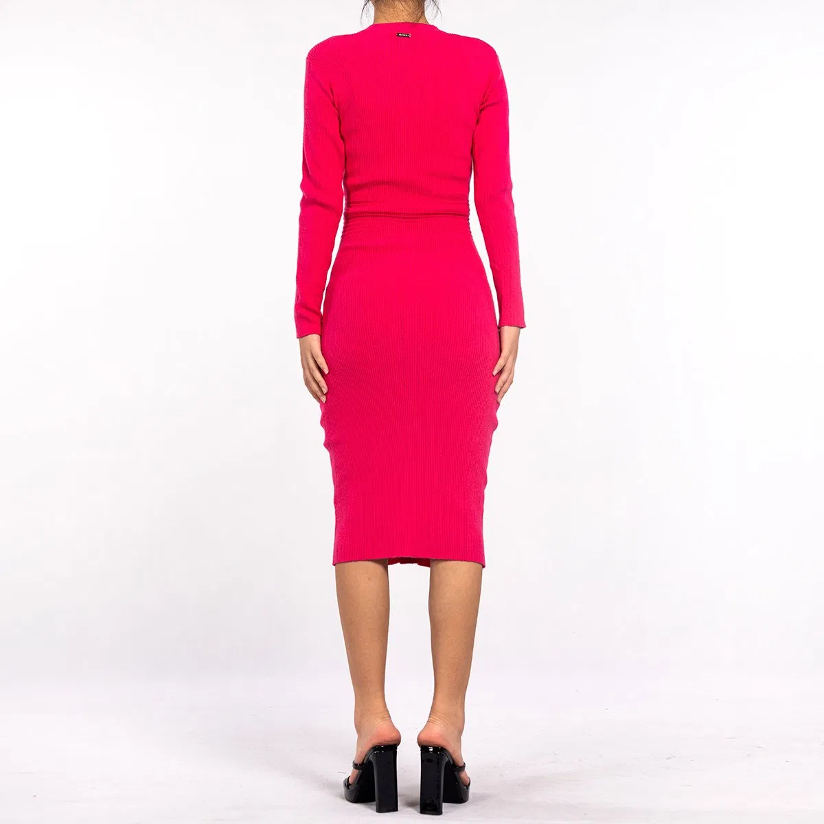 Vestidos Acanalados Atractivos de la Cadera del Paquete Apretado de la Manga Larga con Cuello en V de Rose para las Mujeres