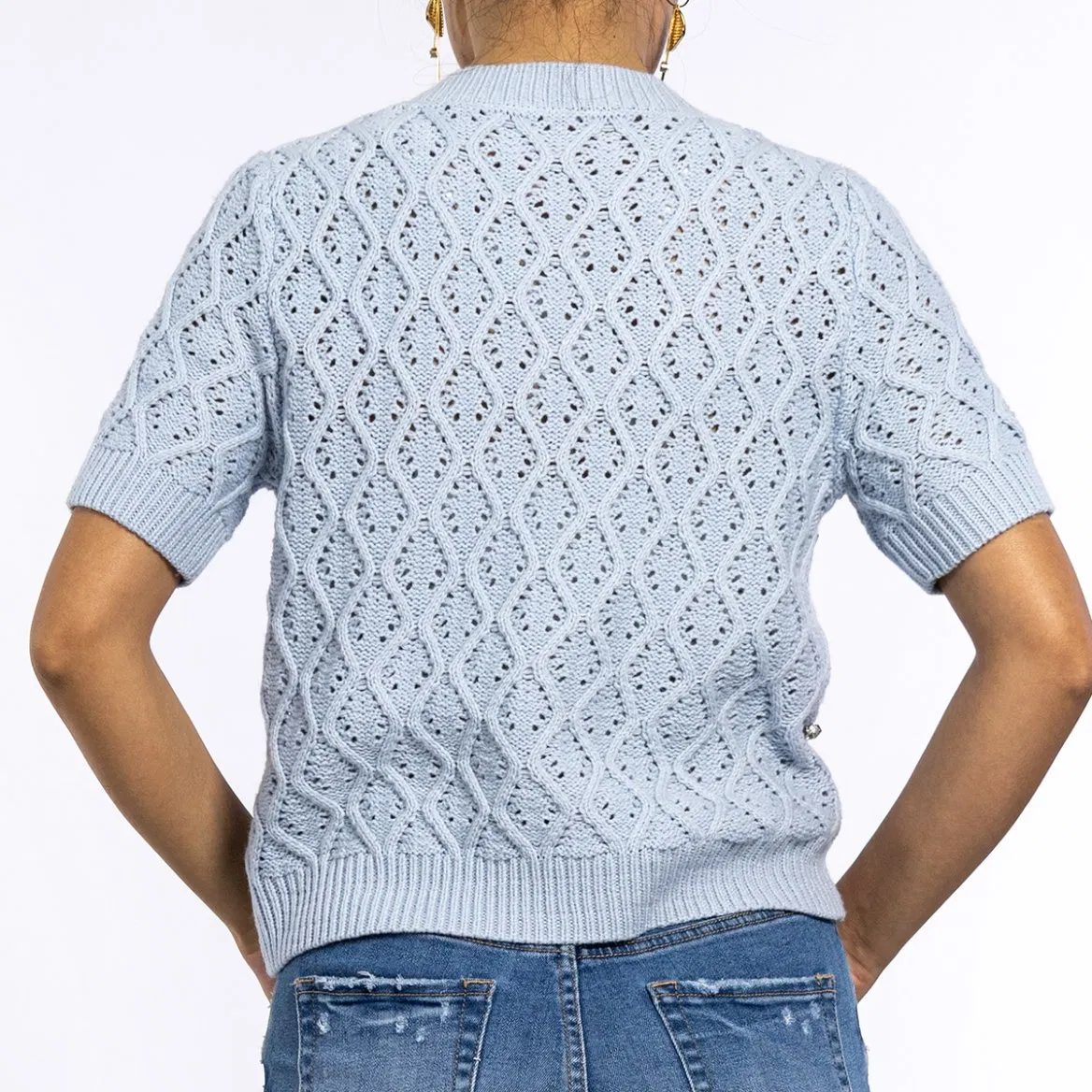 Cárdigan de Manga Corta con Suéter de Ganchillo con Cuello Redondo y Diseño de Diamantes Calientes Azules de Verano