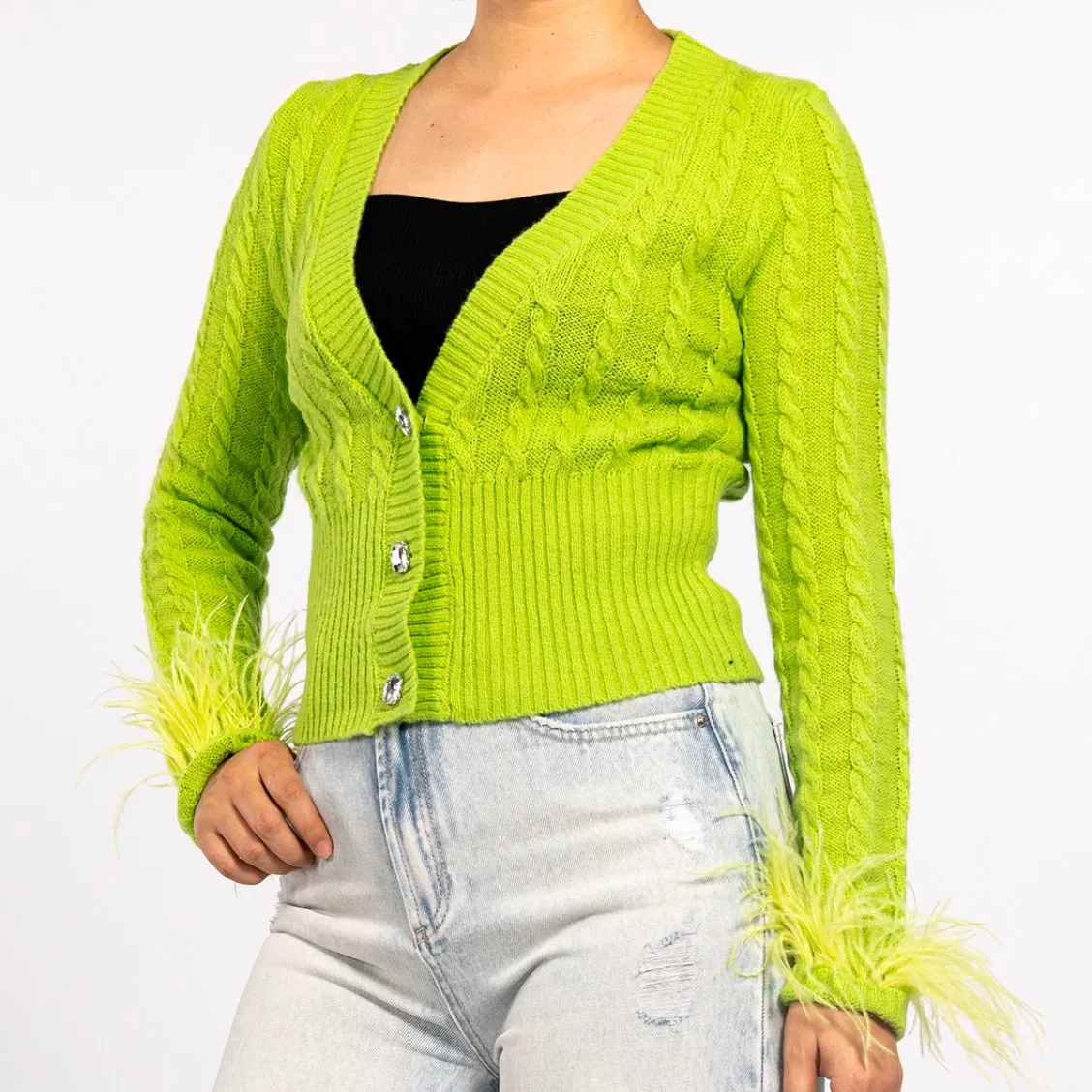 Suéter Cárdigan Ligero de Plumas con Parte Superior de Punto de Diamante Trenzado Verde de Primavera para Mujer
