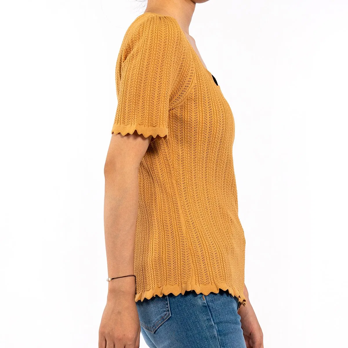 Camiseta Casual de Manga Corta Con Cuello Cuadrado Borde Ondulado Ahuecado Top de Punto de Verano para Mujer