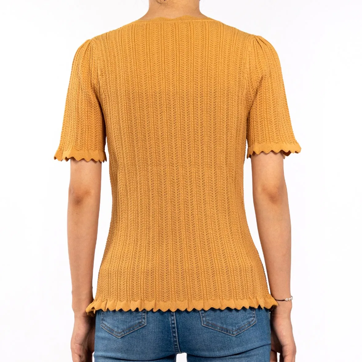 Camiseta Casual de Manga Corta Con Cuello Cuadrado Borde Ondulado Ahuecado Top de Punto de Verano para Mujer