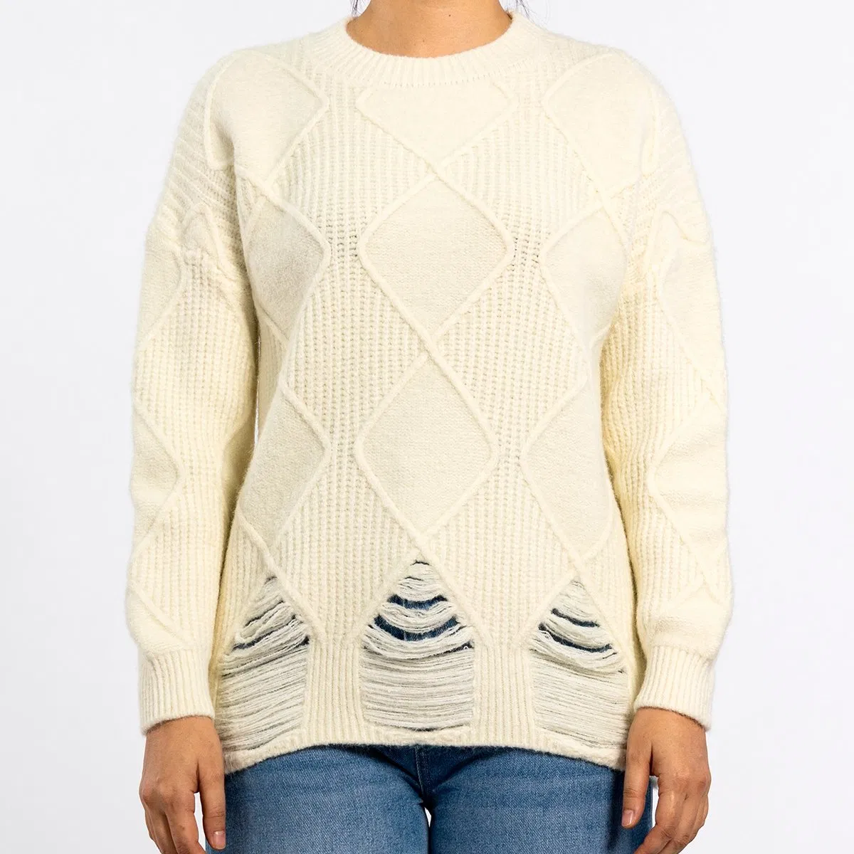 Jersey Beige con Textura Gráfica y Corte de Cuello Redondo