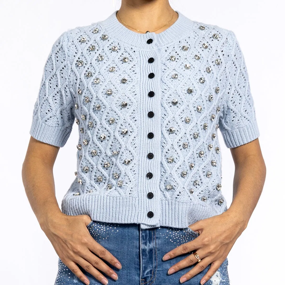 Cárdigan de Manga Corta con Suéter de Ganchillo con Cuello Redondo y Diseño de Diamantes Calientes Azules de Verano