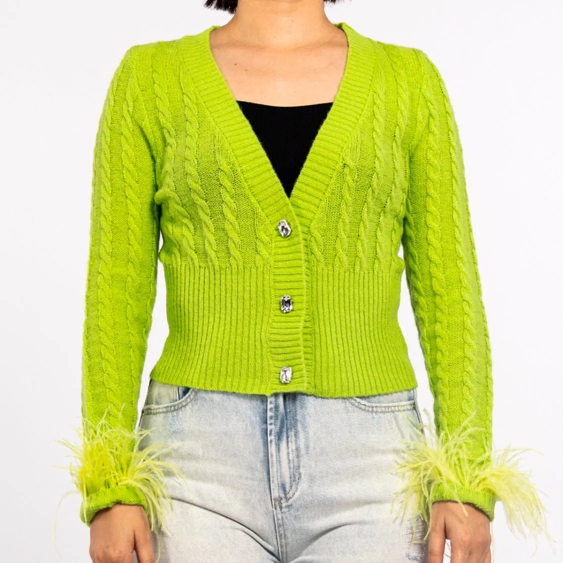 Suéter Cárdigan Ligero de Plumas con Parte Superior de Punto de Diamante Trenzado Verde de Primavera para Mujer