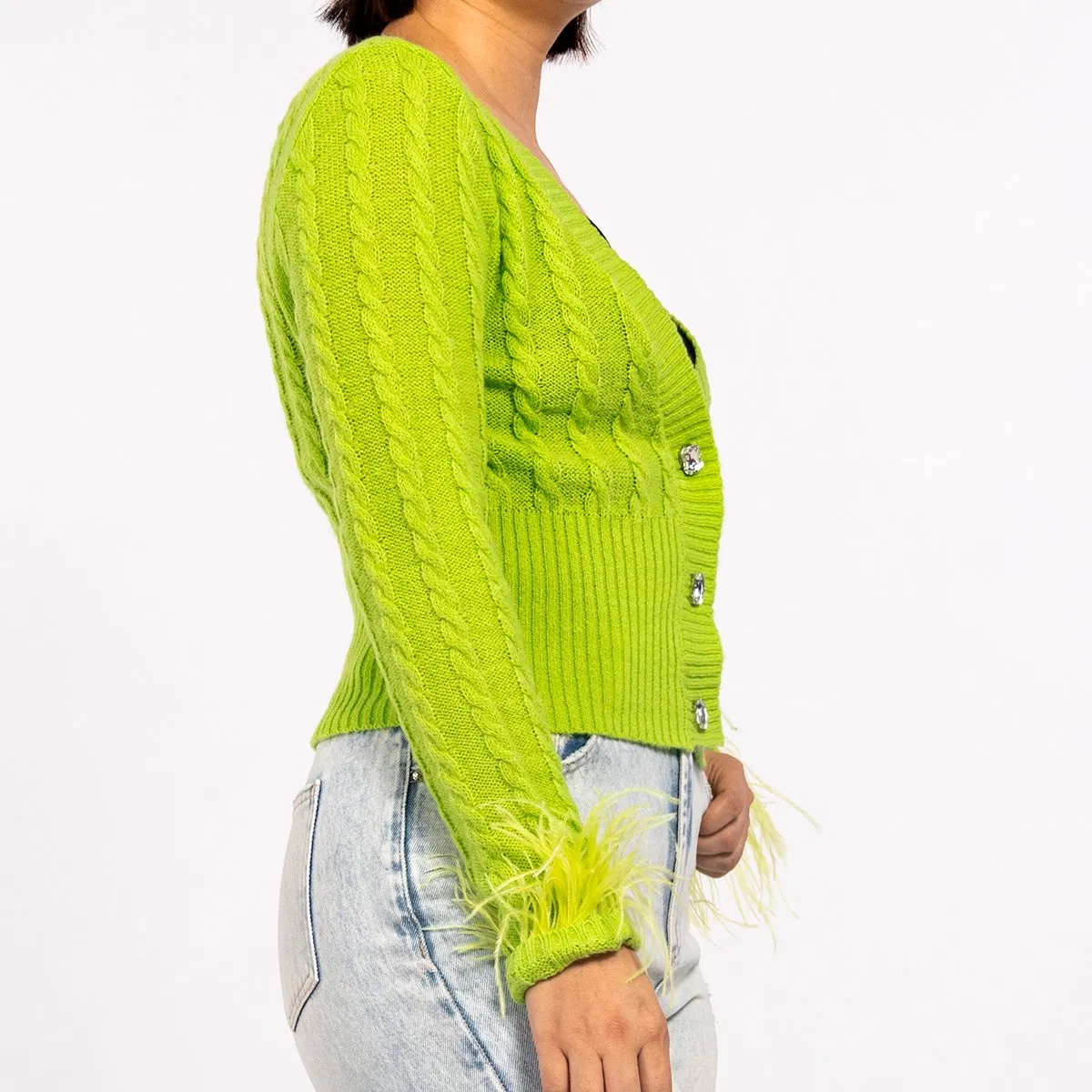 Suéter Cárdigan Ligero de Plumas con Parte Superior de Punto de Diamante Trenzado Verde de Primavera para Mujer