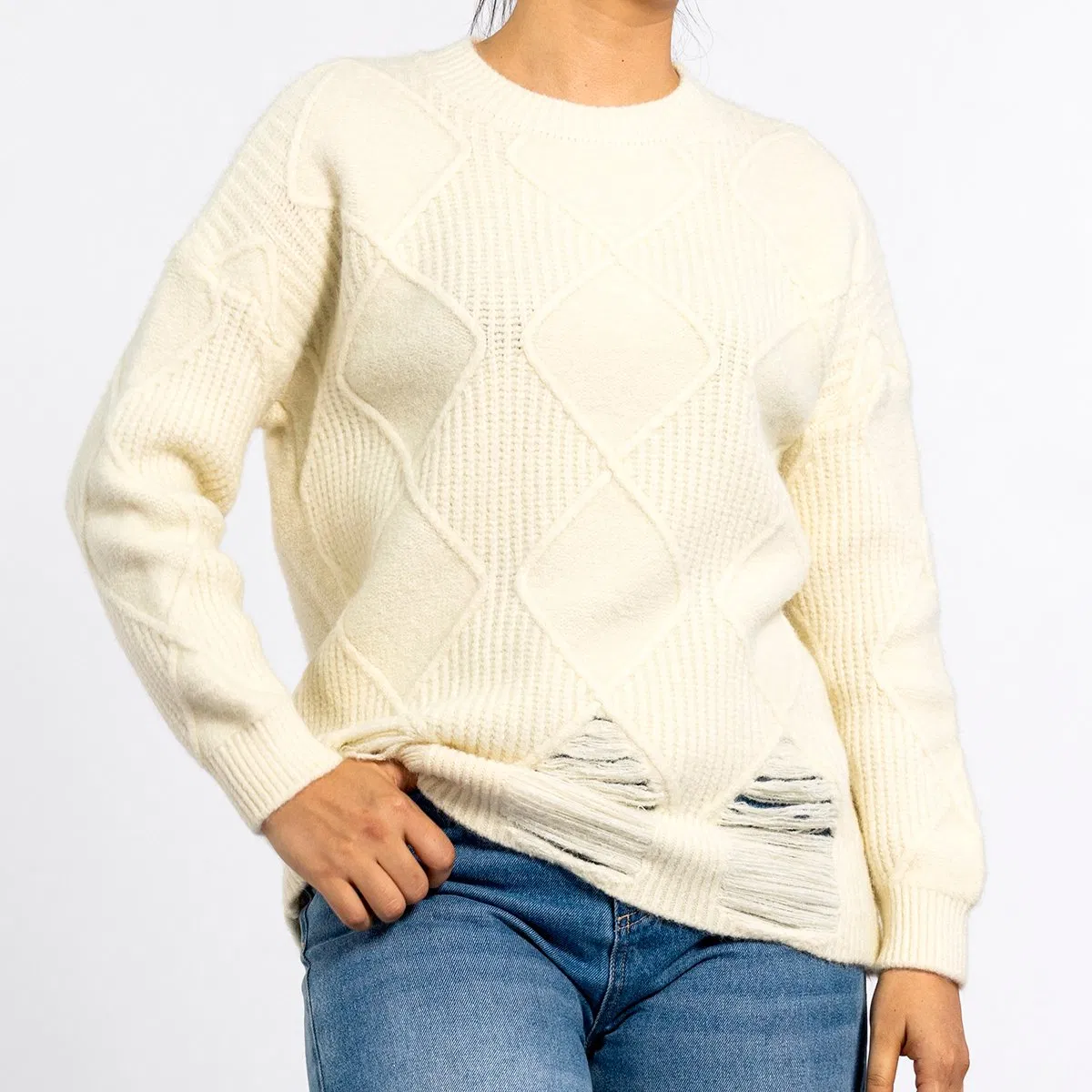 Jersey Beige con Textura Gráfica y Corte de Cuello Redondo
