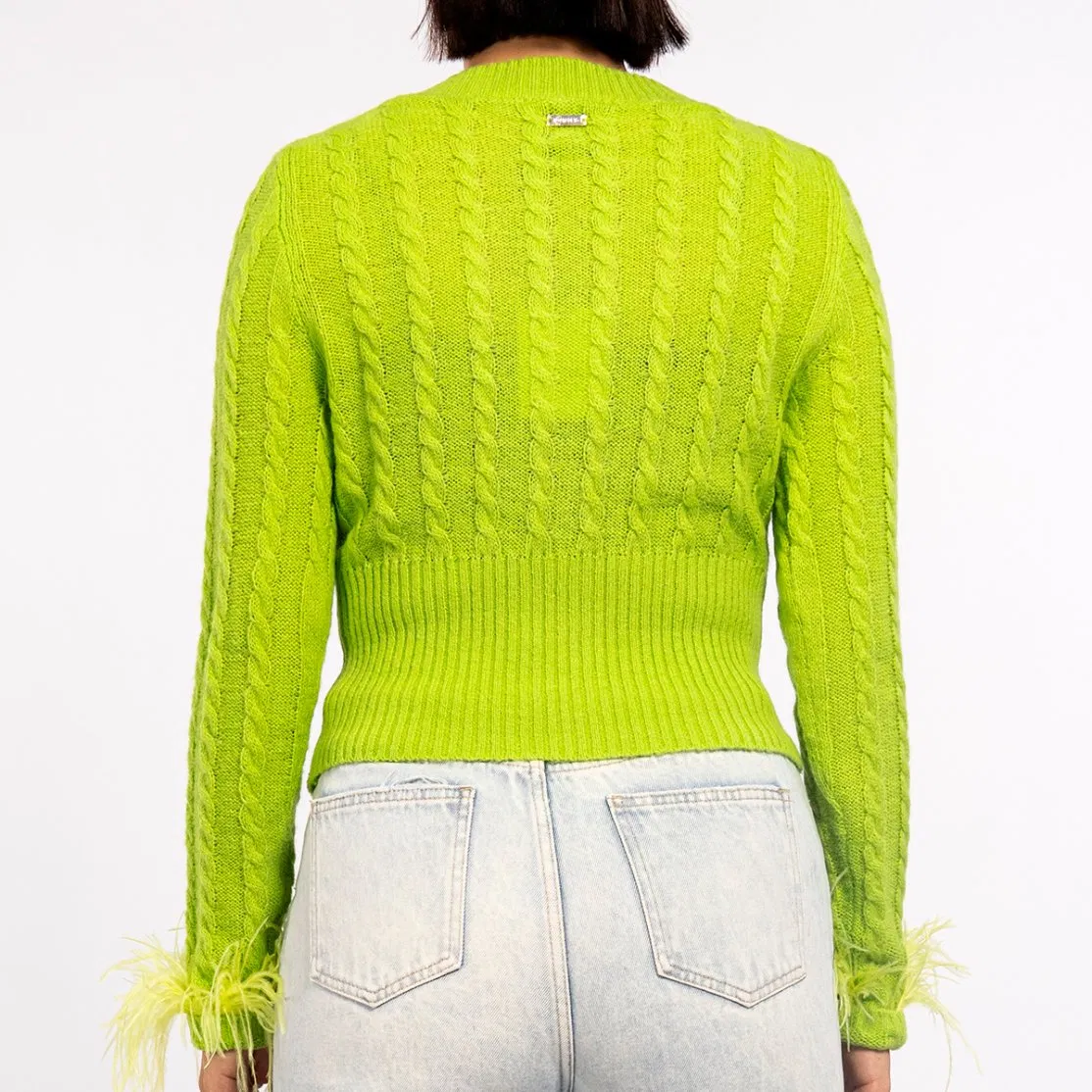 Suéter Cárdigan Ligero de Plumas con Parte Superior de Punto de Diamante Trenzado Verde de Primavera para Mujer