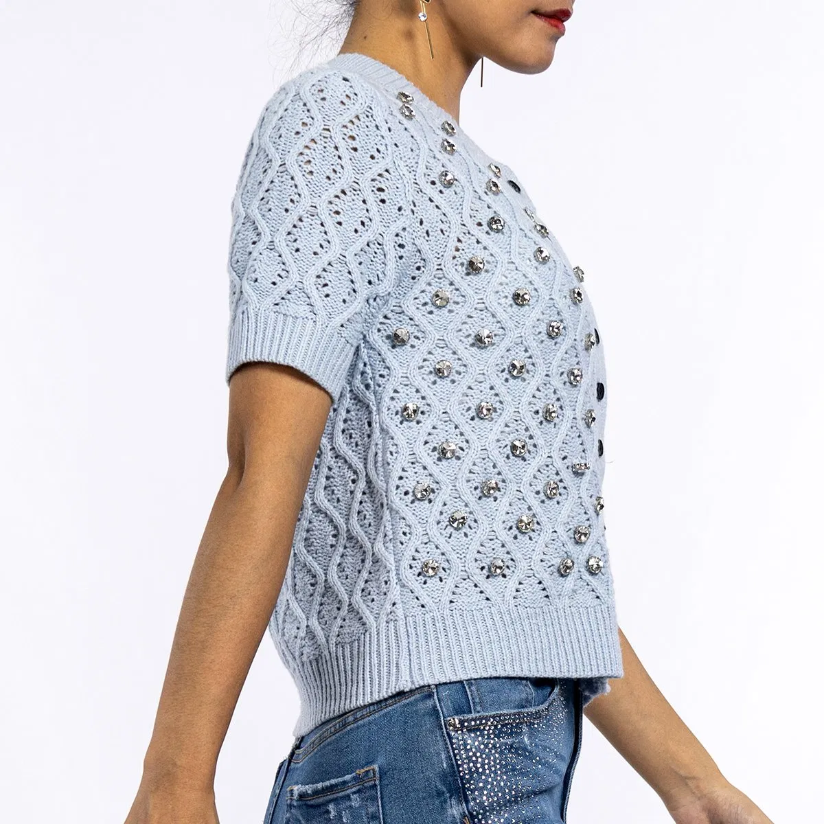 Cárdigan de Manga Corta con Suéter de Ganchillo con Cuello Redondo y Diseño de Diamantes Calientes Azules de Verano