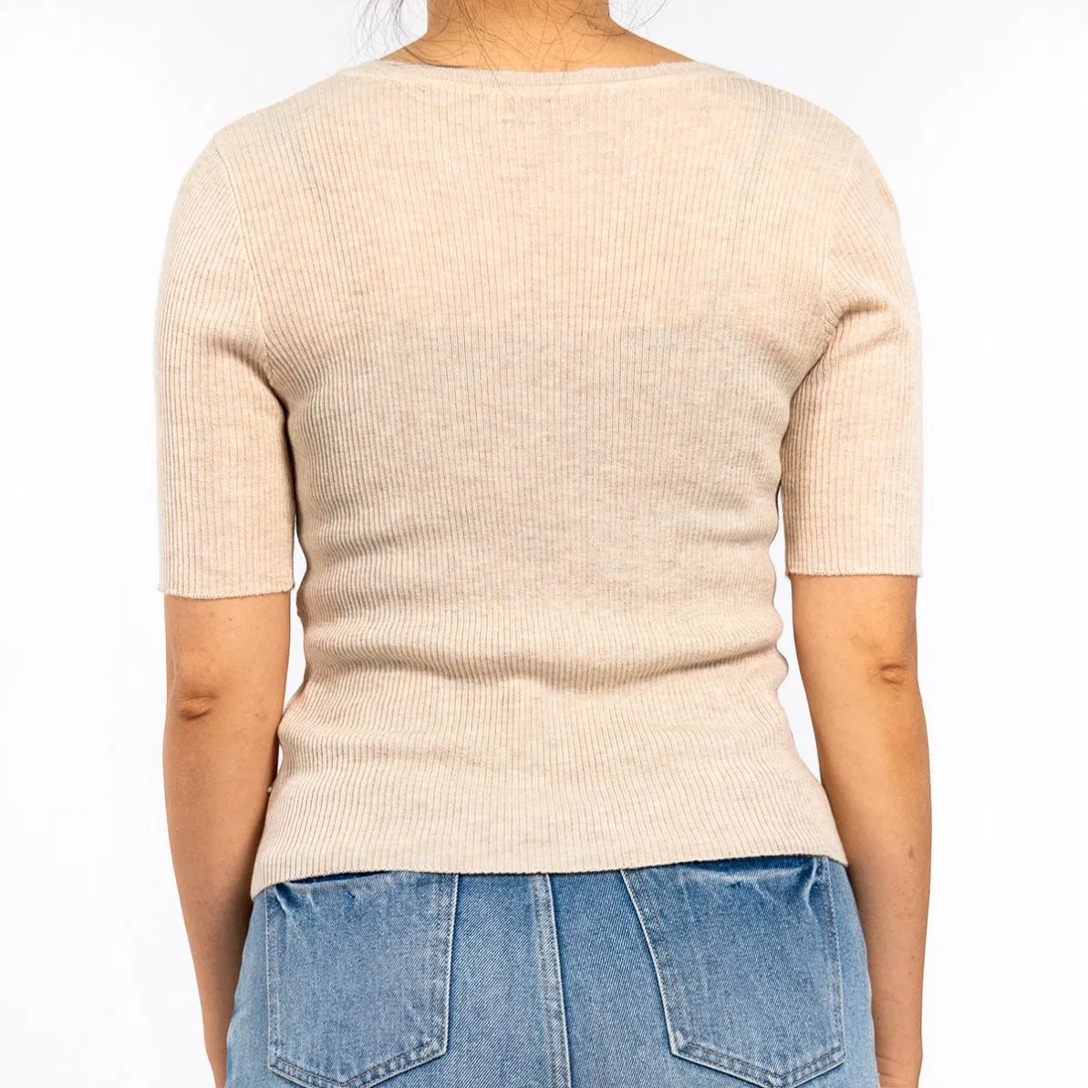 Camisas de Mujer de Verano Albaricoque con Jersey de Manga Corta a Rayas con Cuello en V y Rayas