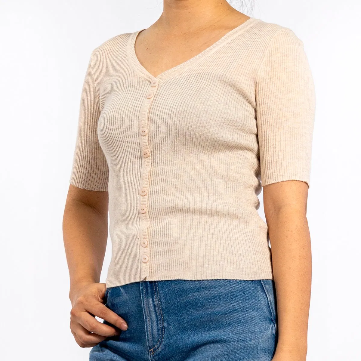 Camisas de Mujer de Verano Albaricoque con Jersey de Manga Corta a Rayas con Cuello en V y Rayas